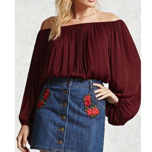 F21 Burgundy Off Shoulder Long Sleeve Crop Top